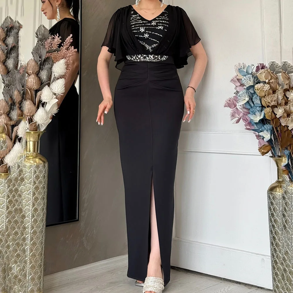 

Customized Straight Prom Dresses Ankle-Length V-Neck Short Sleeve Evening Gown Fashion Crystal Sequined Simple Pleat Party Gown
