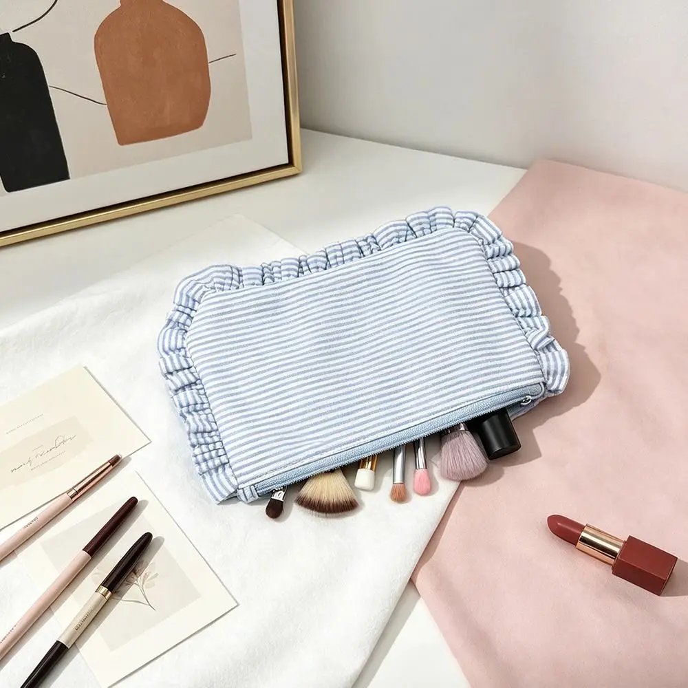 Cute Ruffle Striped Makeup Bag Large Capacity Portable Cosmetic Pouch Toiletry Bag Gift