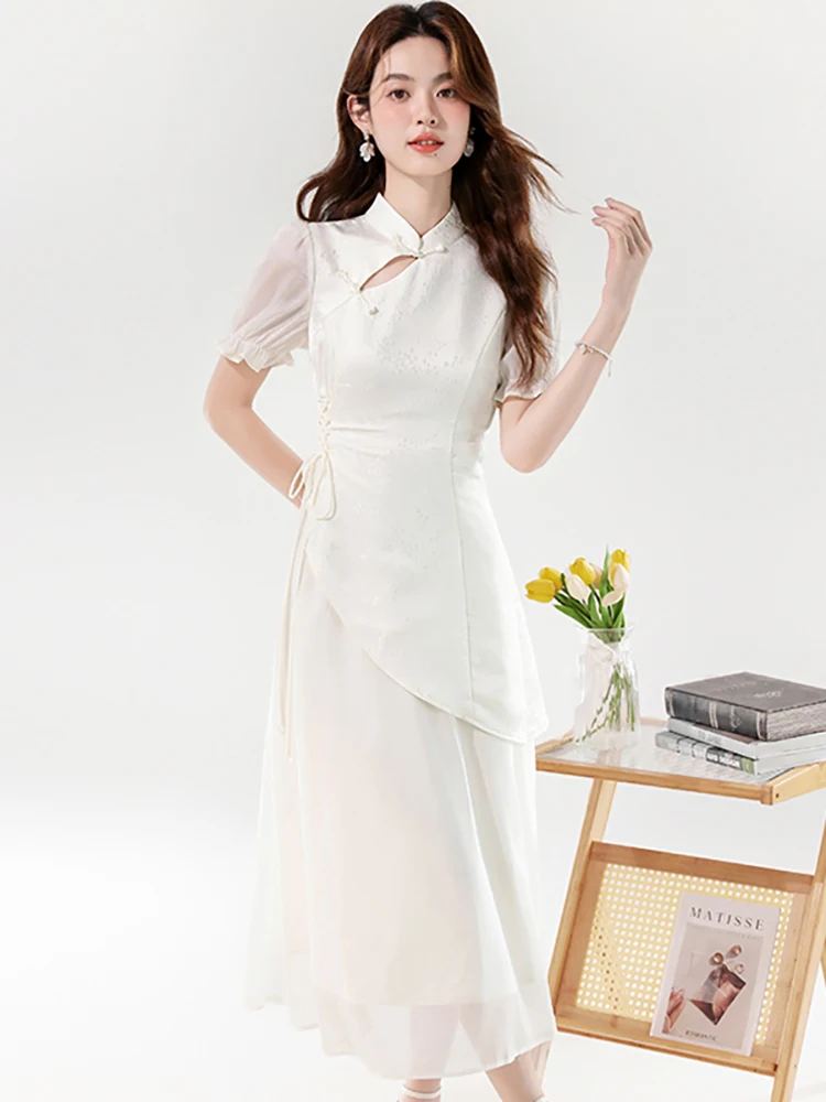 

Summer White Jacquard Puff Sleeve Stand Collar Long Dress Women Korean Elegant Festival Prom Dress 2025 Luxury Bodycon Vestidos