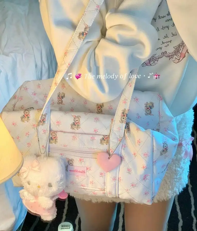 

JIAERDI Sweet Cute Rabbit Print White Shoulder Bags Women Nylon Large Capacity Tote Bag Female Shopping Bag Y2k Handbag Student
