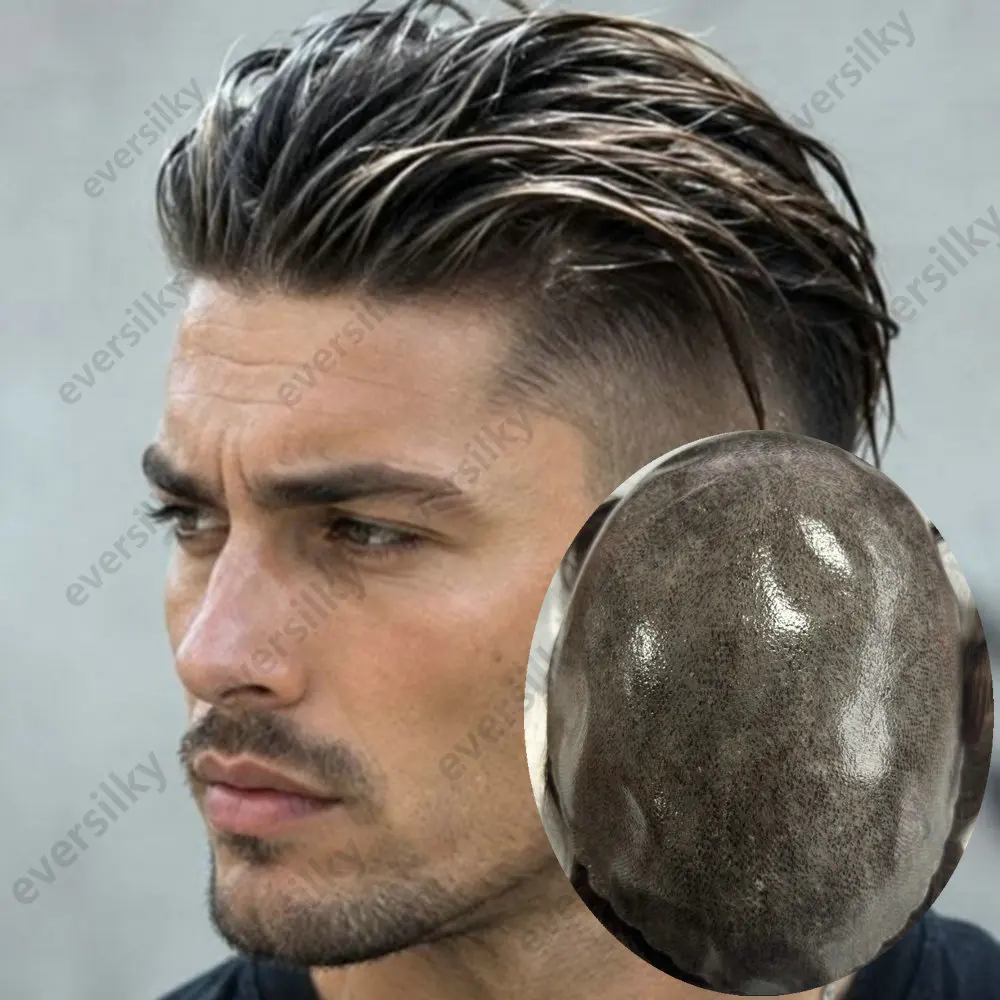 0,1 mm dünne, injizierbare Haarteile für Männer, aus Echthaar, natürliches, realistisches graues oder schwarzes Haar, Prothese, Haarteil für Männer mit Haarausfall, Perücken. – Detail 1