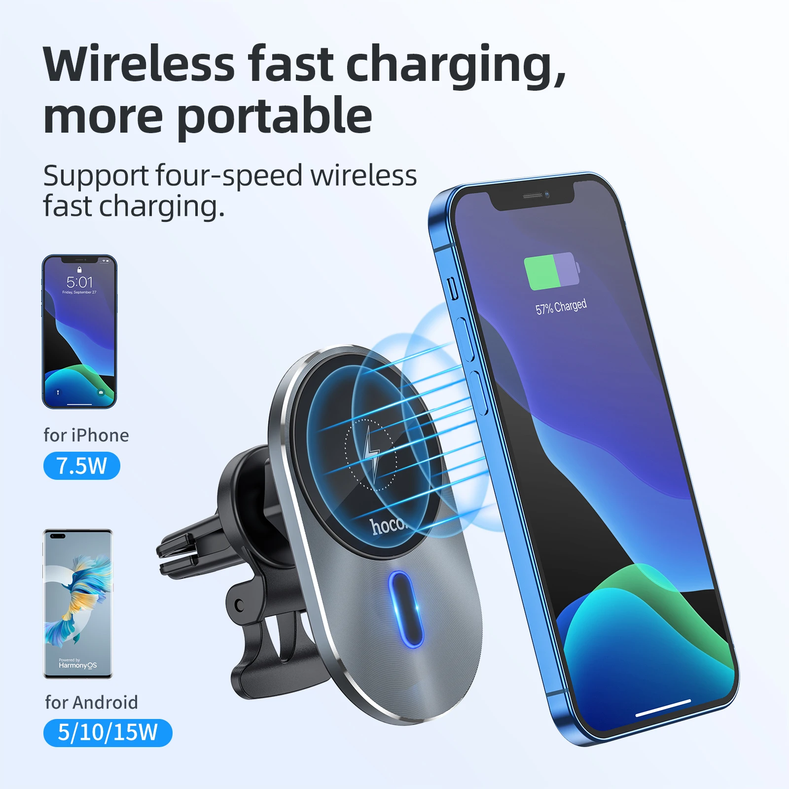 HOCO CA91 Magnetic wireless Fast charging Phone Holder in car 15W Mobile Charger Auto air Outlet Navigation Bracket