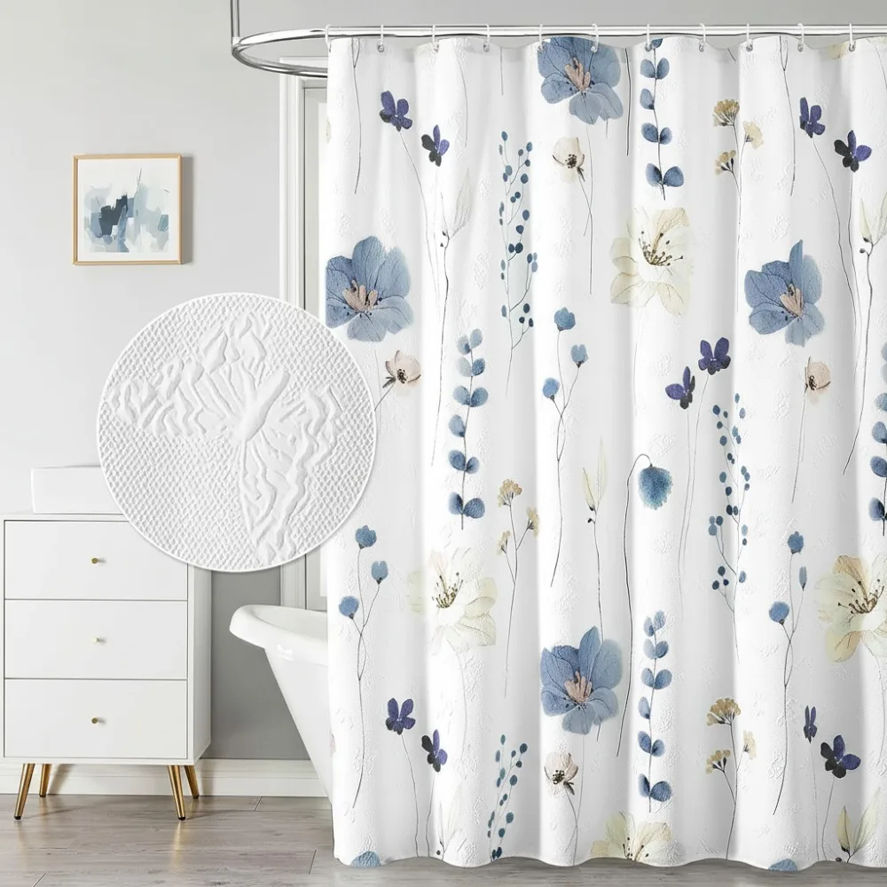 

Удлиненная занавеска для душа с акварельным цветочным принтом 72x84, водонепроницаемая ткань с 3D-тиснением и бабочками серого цвета с крючками