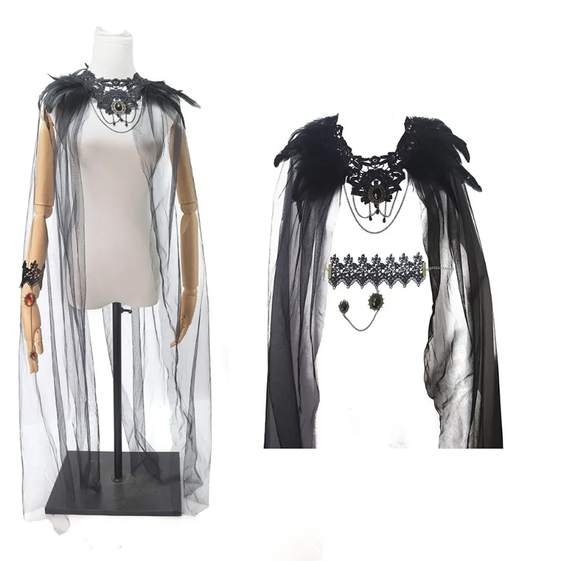 เสื้อคลุมฮาโลวีนปี 2025 สีดำ แต่งขนนก ผ้าตาข่าย กระโปรงยาวปานกลาง พร้อมเครื่องประดับกำไลข้อมือ สำหรับงานปาร์ตี้ เต้นรำบนเวที