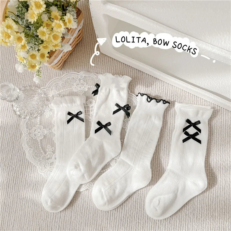 White Fuffle Socks Girls Princess Medium Socks Baby Black Bowknots Decor Solid Socks  4 Pairs