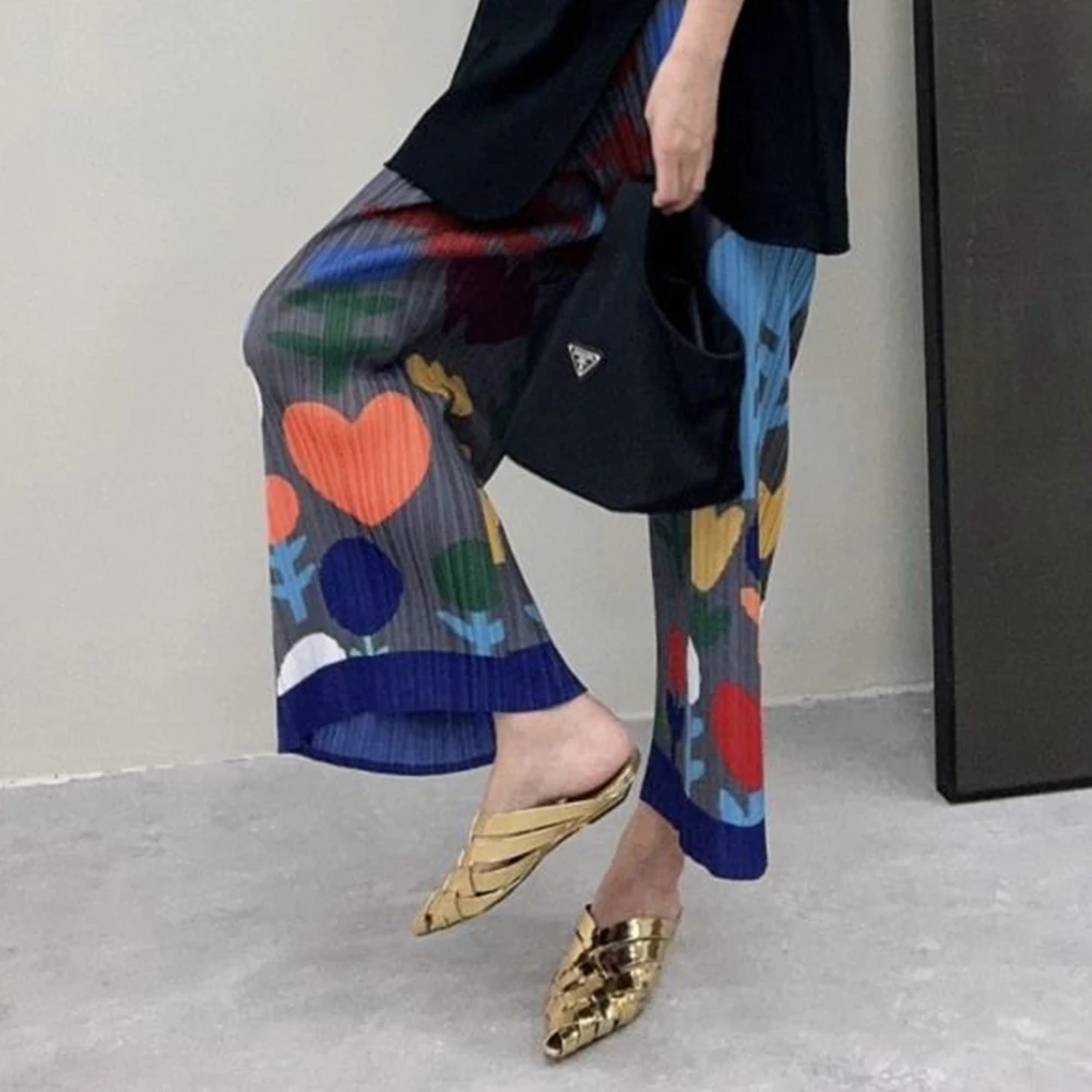 

Printed pleated Graffiti nine-point Organ straight Skinny wide-leg Pleated pants baggy pants korean style