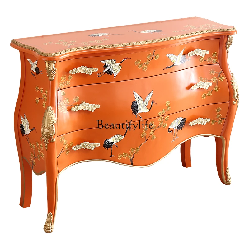 

French Chinese style orange painted crane entrance decorative cabinet TV cabinet