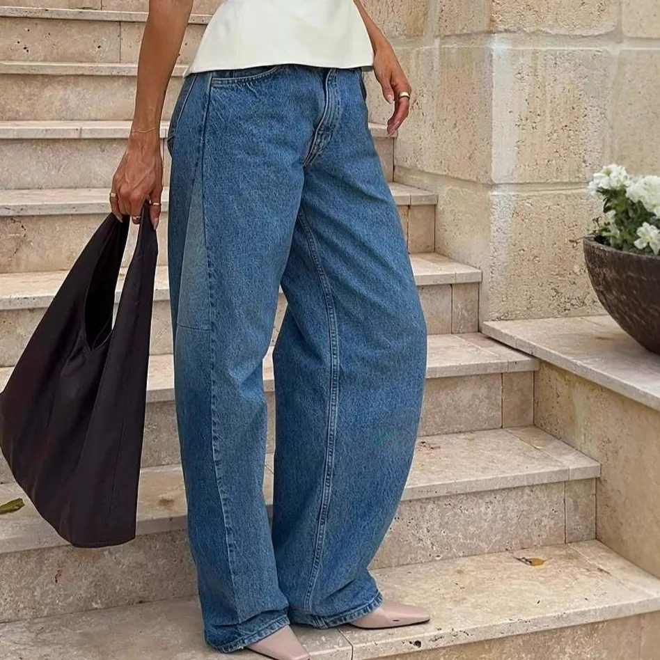 

Повседневные джинсовые длинные брюки с высокой талией, женские свободные широкие брюки на молнии в стиле ретро, женские осенние универсальные шикарные уличные брюки 2025 г.