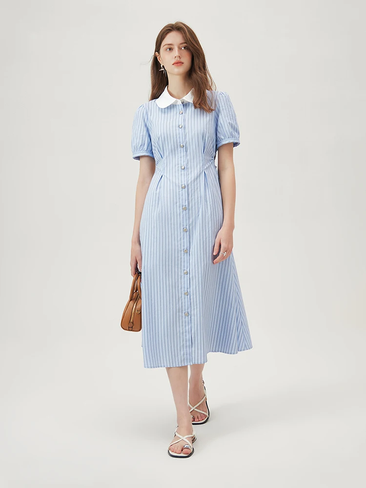 FSLE French Style Striped Shirt Chic Long Dress For Women 2024 Summer New All-match Casual Commuter Women Long Dress 24FS12570