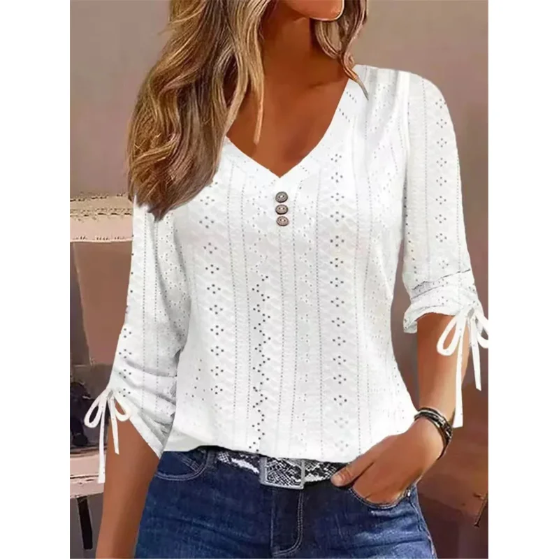 

European and American Cross Border New Solid Color Jacquard Button Long Sleeve T-shirt Top