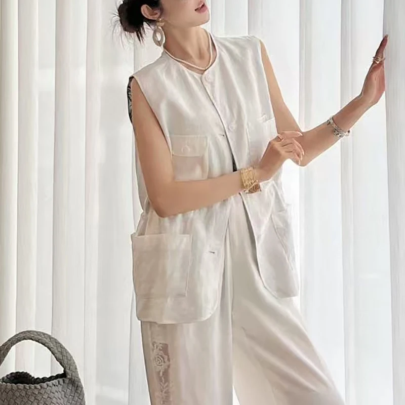 

Women's Commuter Linen Vest, Vintage Printed Lined Sleeveless Jacket Top, Drawstring Waist, High Quality, Summer, New, 2025