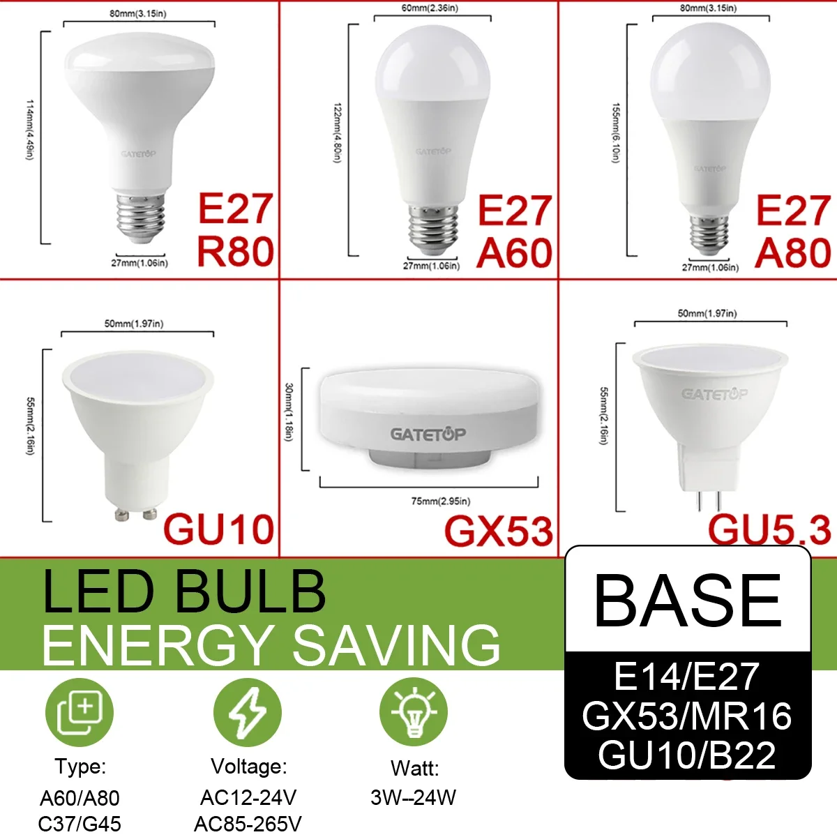 LED Light Bulbs AC220-240V 24W 18W 15W 9W High Lumen Energy Saving Spotlight GX53 MR16 GU10 No Flicker Cold Warm White