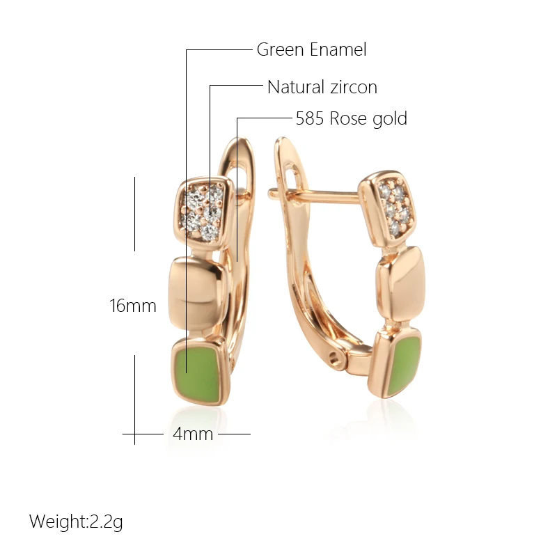 Kinel New Fashion 585 Rose Gold Color Green Enamel Drop Earrings For Women Girl Wedding Party Natural Zircon Eardrop Jewelry