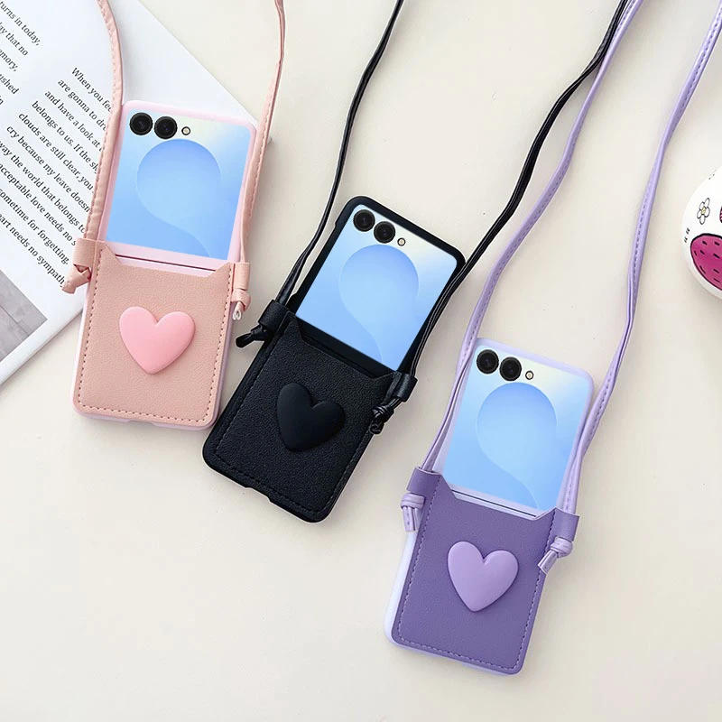 Candy Color Heart Wallet Phone Case for Samsung Galaxy Z Flip8 Z Flip7 Z Flip7FE Z Flip6 Z Flip5 with Lanyard Hard PC Back Cover Protective