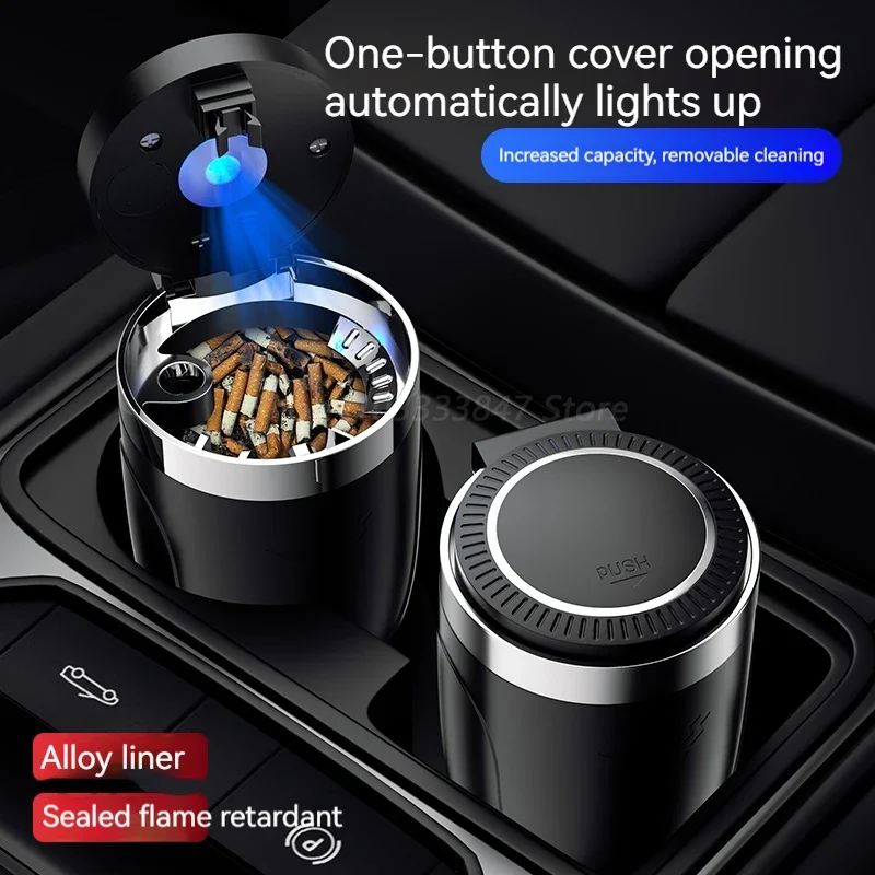 Car Ashtray with Lid Smell Proof Stainless Steel Blue Led Portable Ashtray Cup for Auto Fireproof Shell One Touch Open