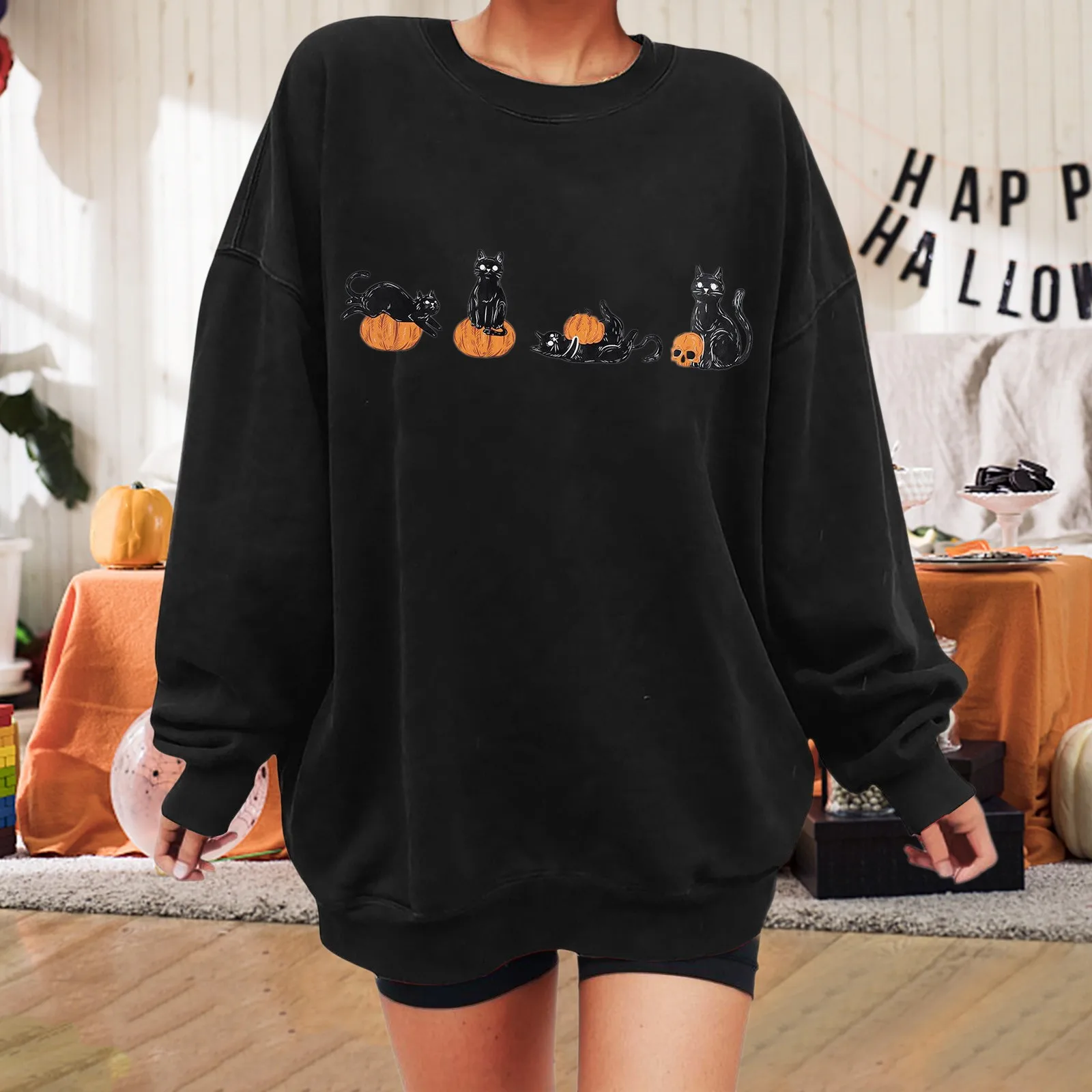 Autumn Oversized Casual Sweatshirt for Women Halloween Graphic Print Pullover Warm Long Sleeves O-Neck Top Female Fashion Hoodie