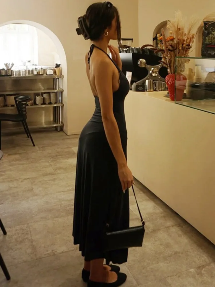 Mozision Halter Deep V Neck Sexy Midi Dress Women Elegant Black Sleeveless Backless Ruched Flared Hem Club Party Long Dresses view 4