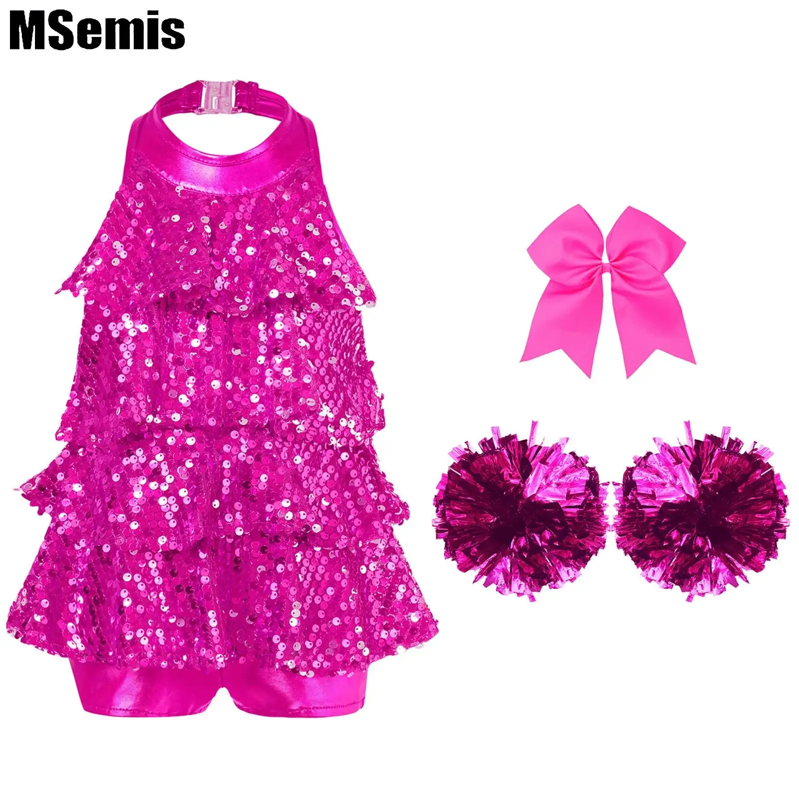 

Kids Girls Cheerleading Dance Sets Halter Shiny Sequins Ballet Dance Dress with 1Pc Bowknot Headwear And 2Pcs Flower Balls