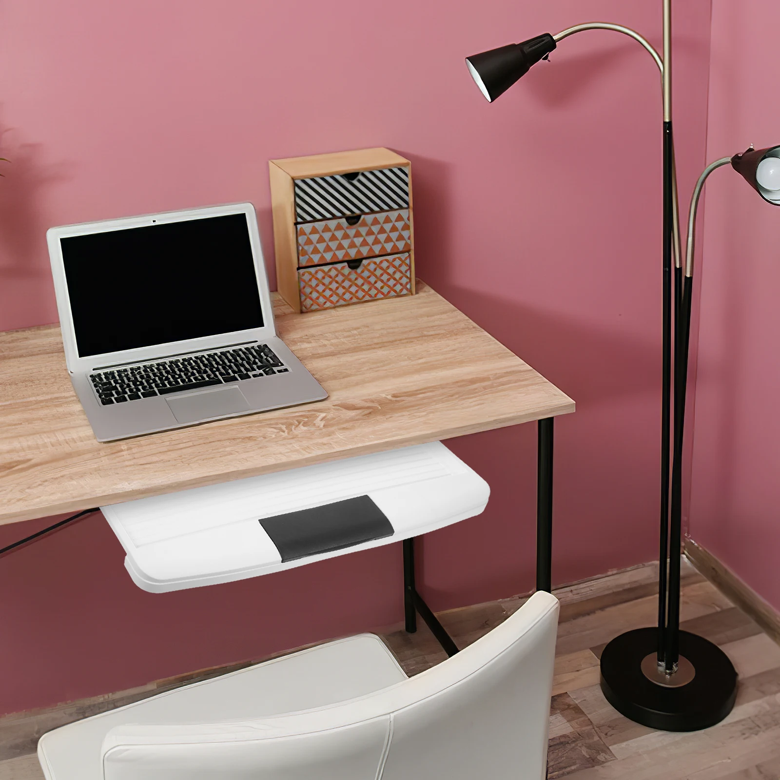 White Adjustable Under Desk Keyboard Tray,Hidden Drawer Storage with Rotating Mouse Tray, Slide Rail Not Included, Office/Home