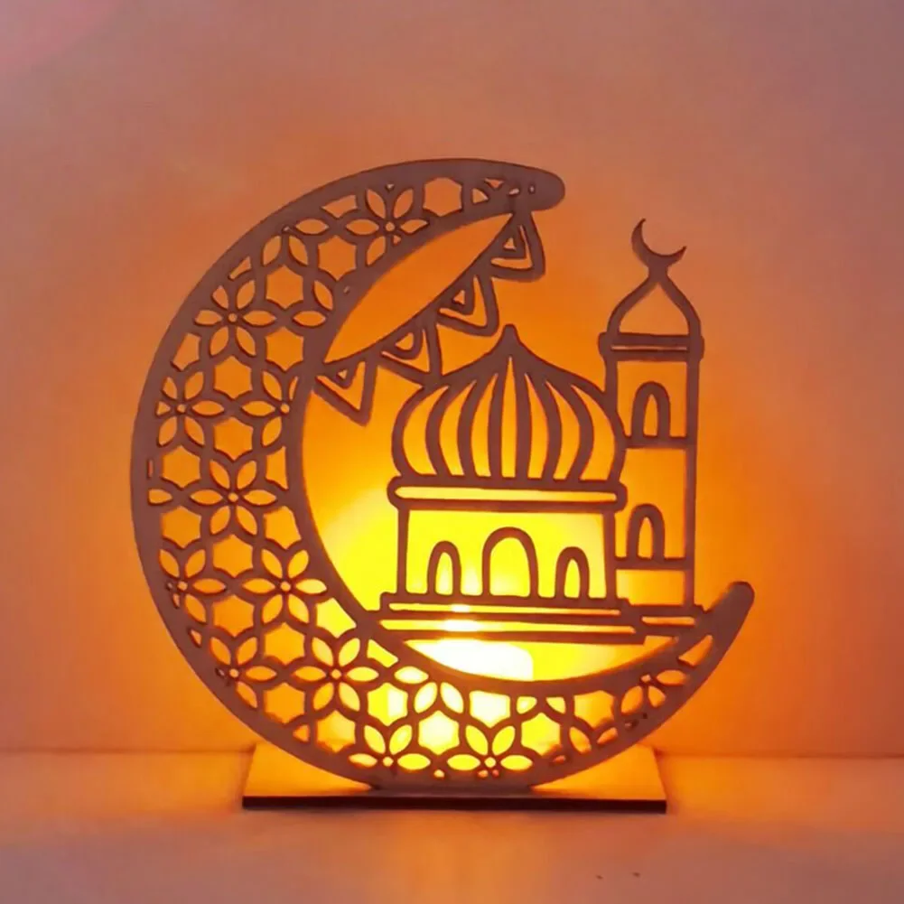 

1pc 15*15*5CM Eid Mubarak Ramadan Wooden Candle Lights EID Gifts Tabletop Decor Craft Ornament For Home Party Decorations