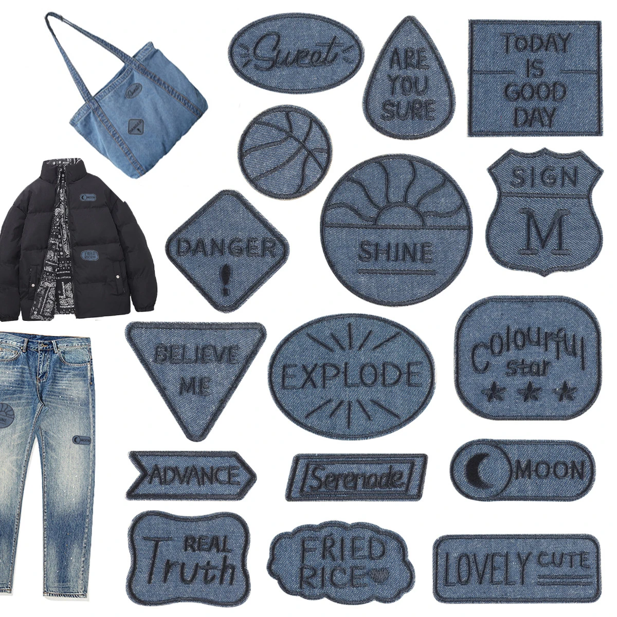 Parches bordados para chaqueta de plumón, accesorios de ropa, alfabeto inglés, pasta de bordado de mezclilla, tela autoadhesiva, 3M