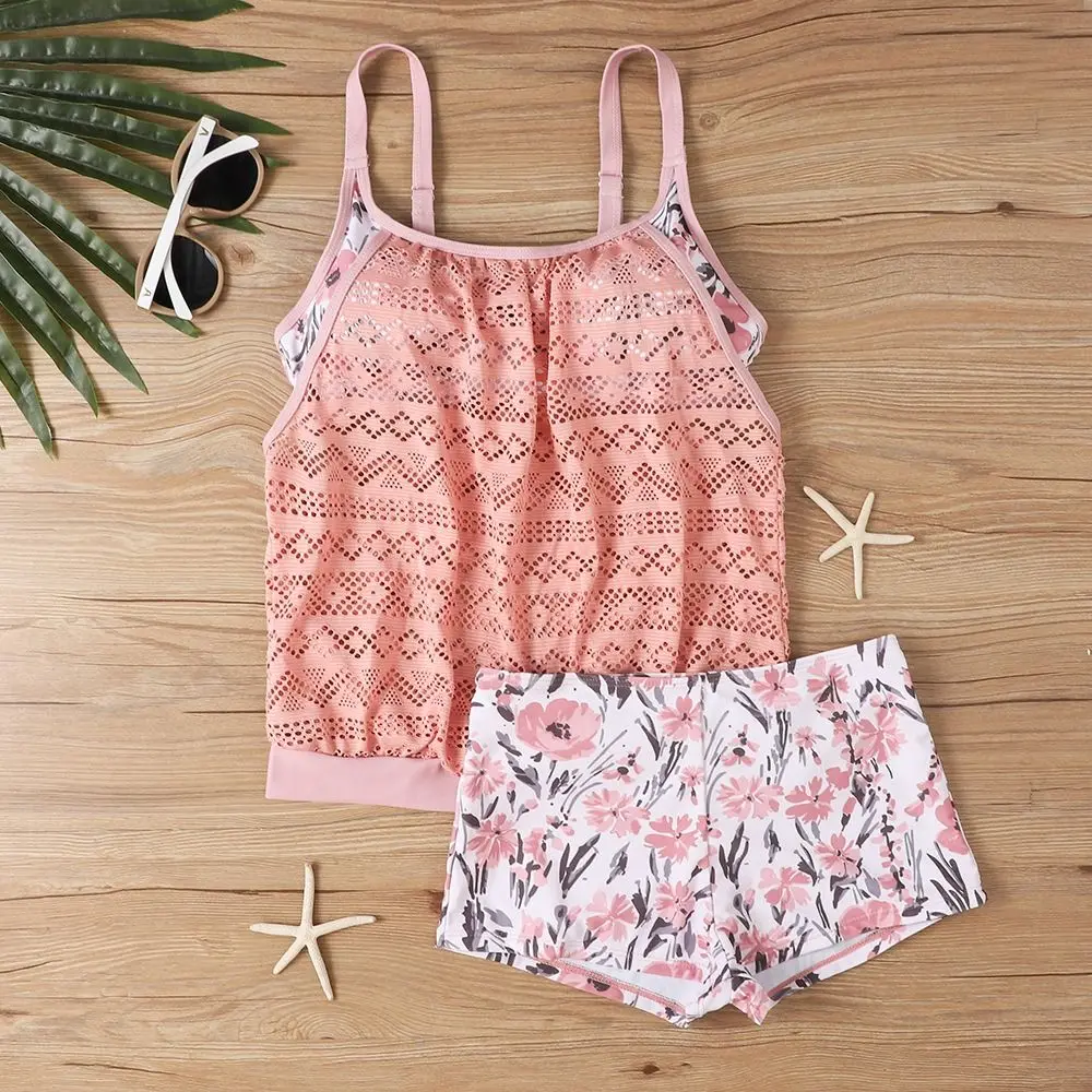 Ins Flower Sleeveless Swimsuit Hollow Out Beachwear Two Pieces Swimwear Plus Size Crochet Bathing Suit Vacation