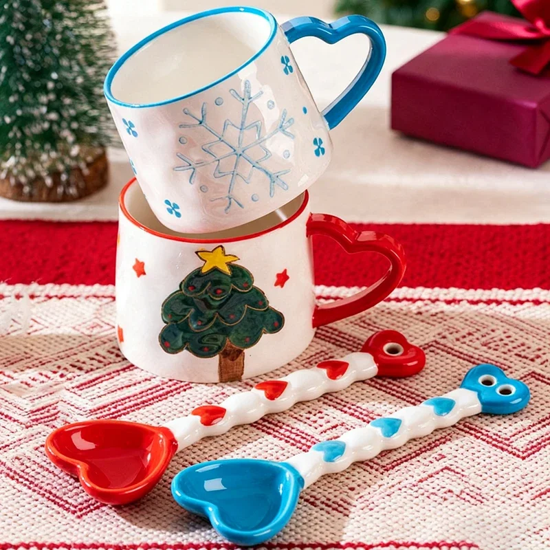 2 Sets Christmas Ceramic Mug & Spoon with Hand-Painted Gingerbread Snowman, 280ml Coffee Water Mug Microwave Safe