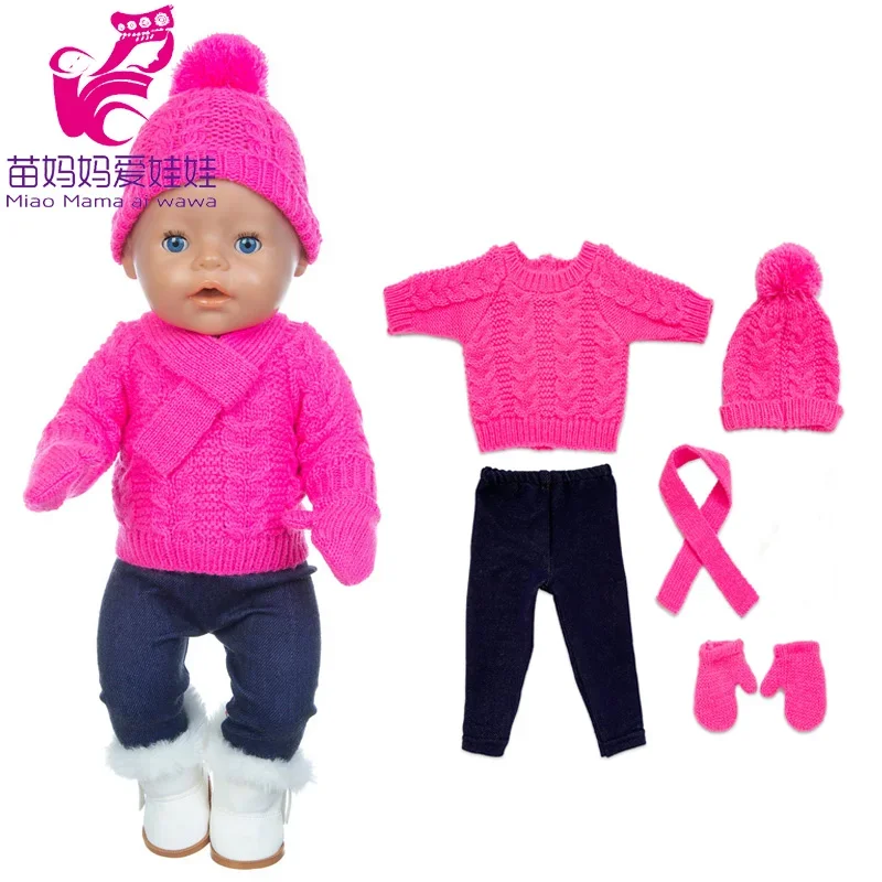 Ropa de muñeca bebé de 43 cm, suéter de ganchillo de 18 pulgadas, conjunto de ropa de invierno para niña, bufanda, sombrero, guantes, ropa de Año Nuevo para muñecas