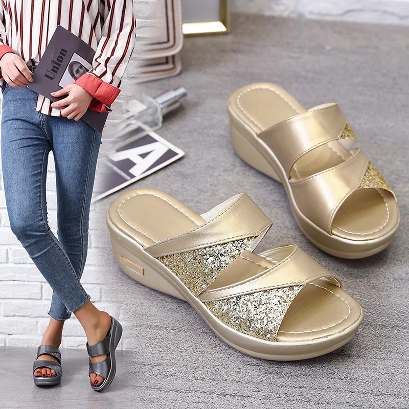 Women Summer Slippers Ladies Glitter PU Wedges Shoes Female Casual Slingbacks Sandals Comfortable Platform Woman Plus Size 34-44