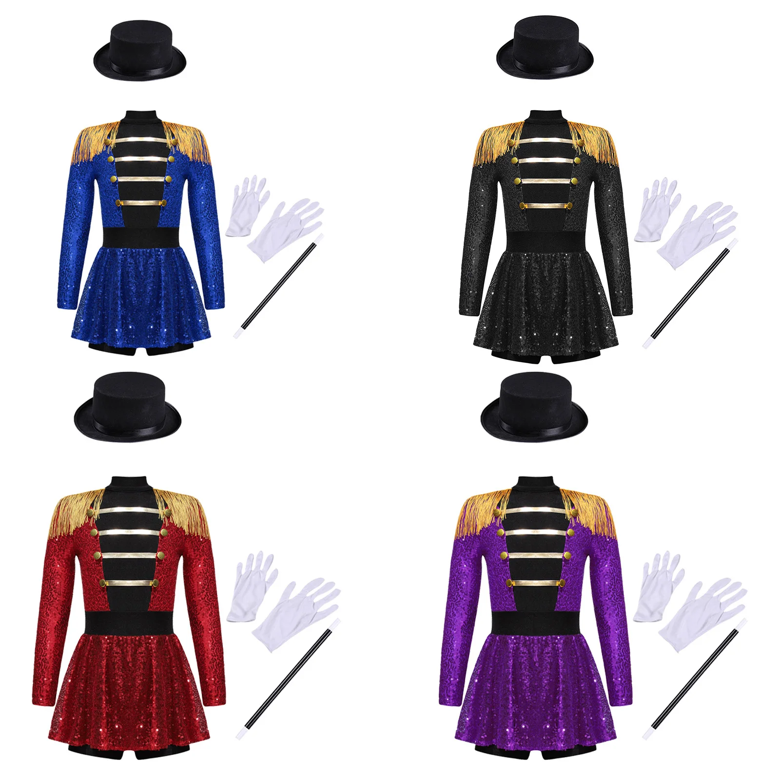 Girls Circus Performance Costume Halloween Ringmaster Jumpsuit Shiny Sequins Leotard Dress Outfit Magician Dress Up