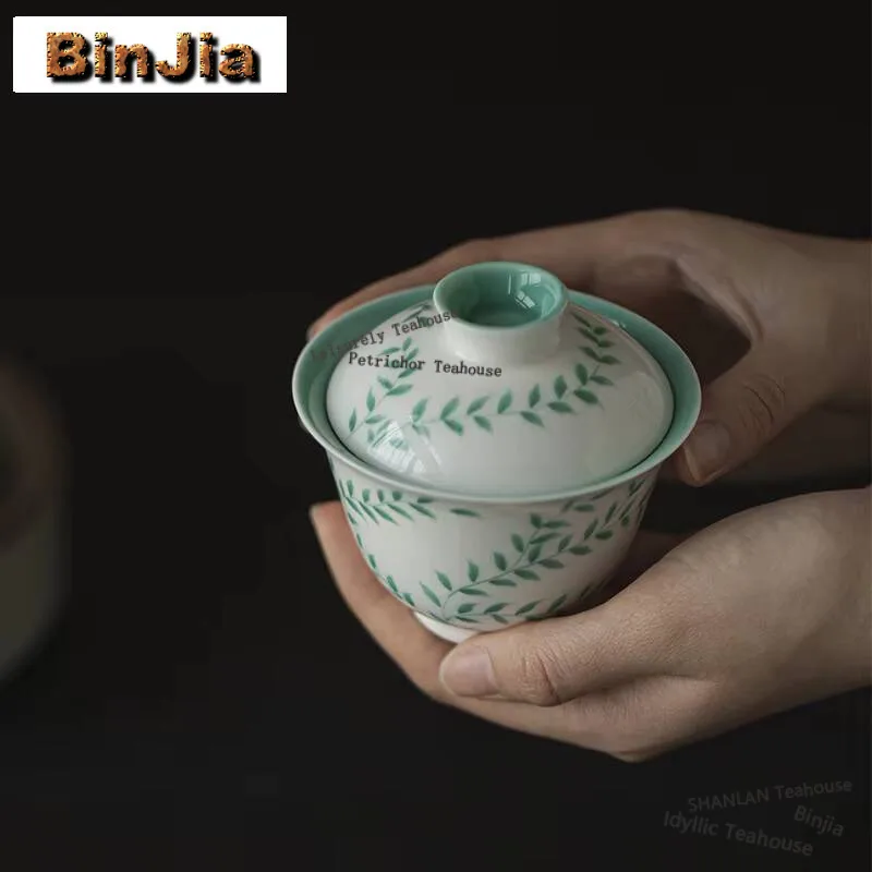 125ml Hand-painted Green Vine Gaiwan Vintage Turquoise Green Glaze Tea Tureen Tea Brewing Cover Bowl Teaware Accessories Craft