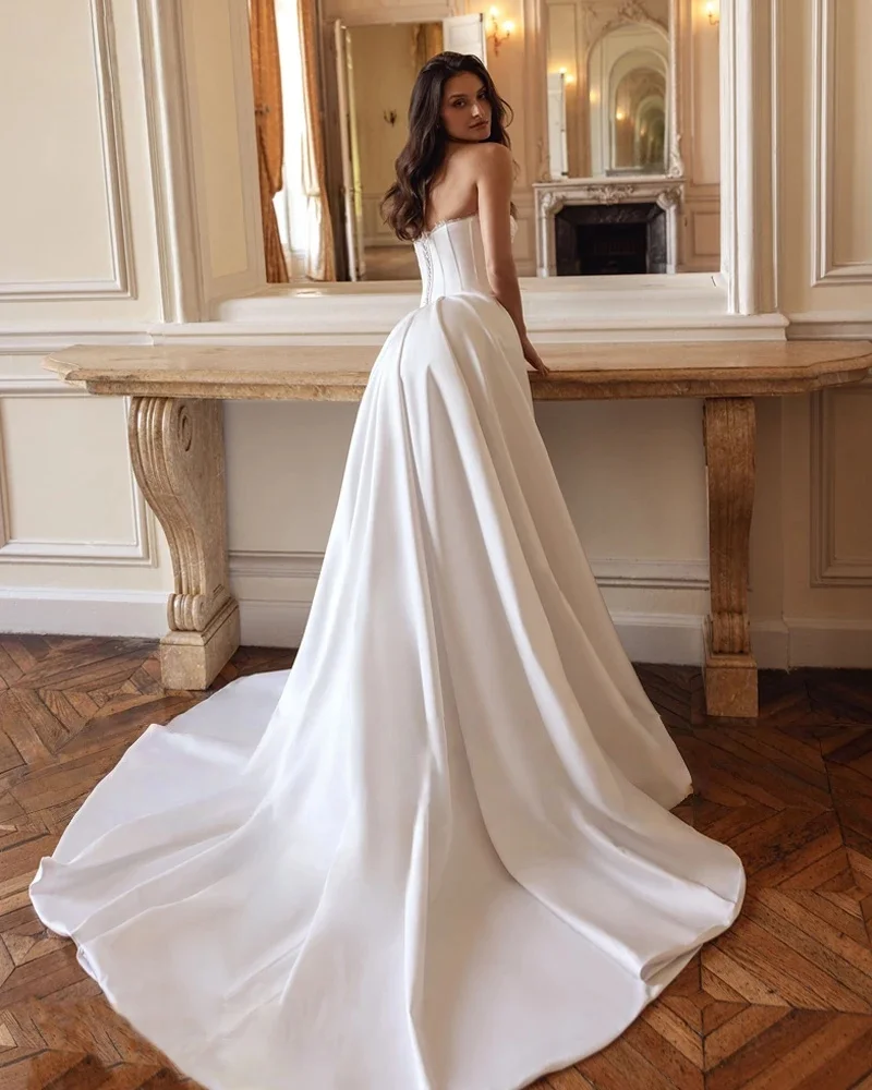 

Романтичное свадебное платье-русалка без бретелек с аппликациями и бисером, элегантное атласное платье с открытыми плечами, шлейфом и силуэтом «труба», на заказ