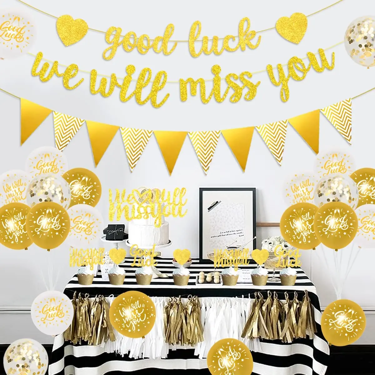 Banner Decorations Bunting Cake Topper, Good Luck We Will Miss You, Retired Graduation, Birthday Party, Farewell