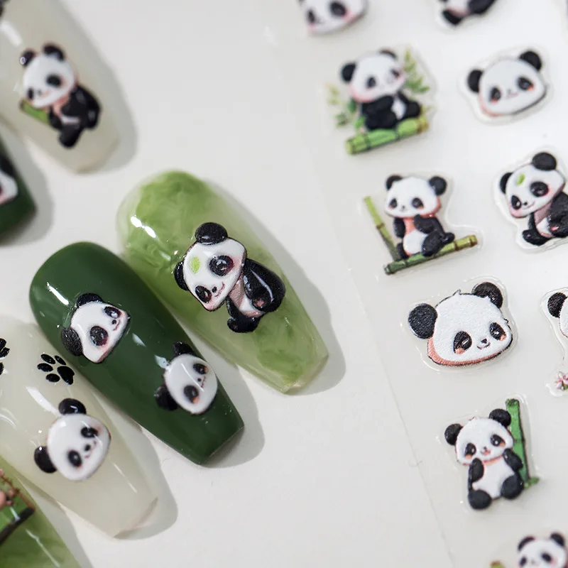 1pcs 5D Embossed Chinese Bamboo Panda Design Nail Art Kawaii Stickers Self-adhesive Transfer Nail Decorations Slider Decals DIY