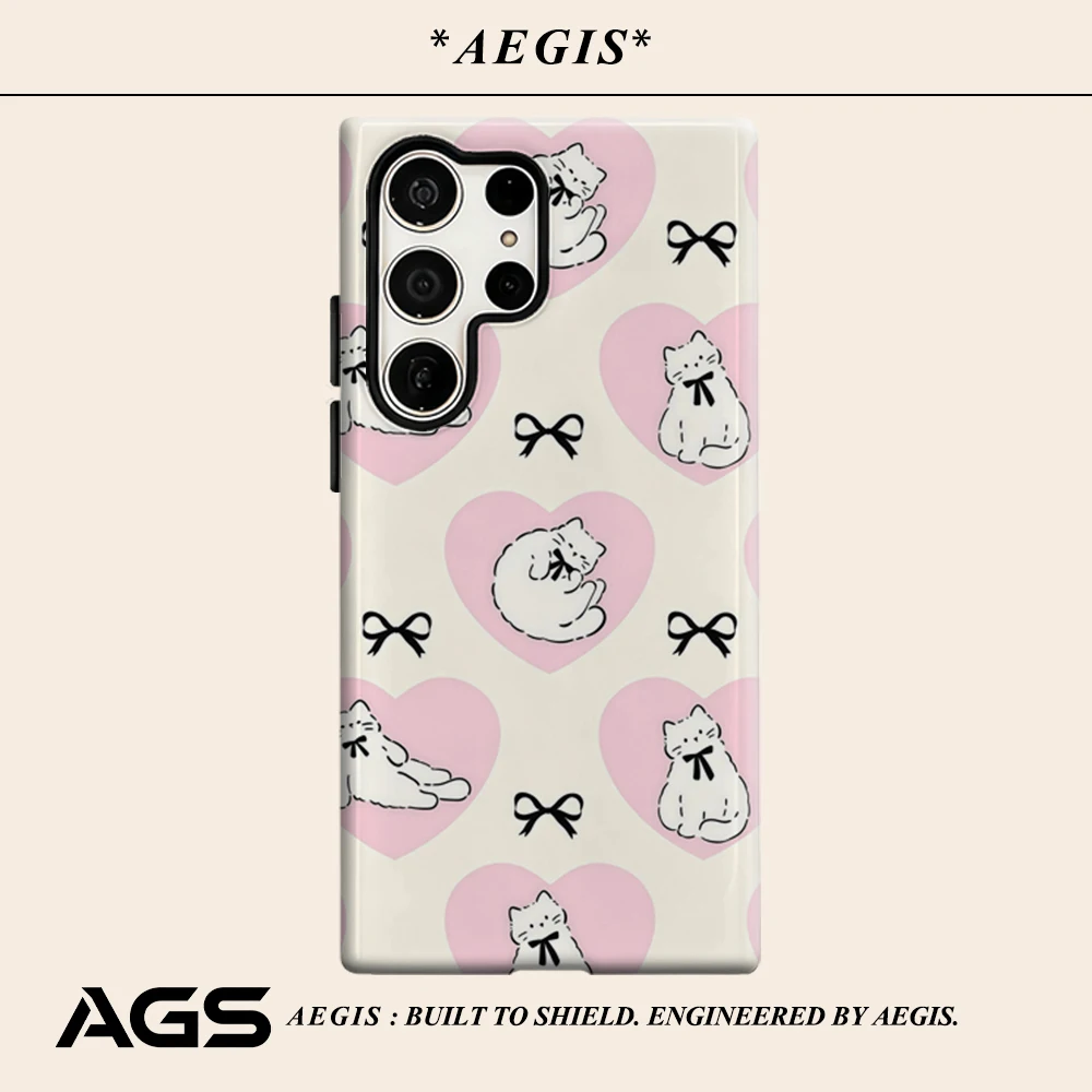 Pink Heart Cat & Bow Phone Case for Samsung Galaxy S25 Ultra S24 S23 Ultra Plus Glossy Double-layer Back Cover