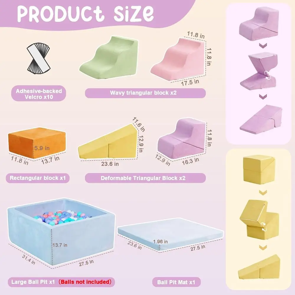 Toddler Foam Climbing Blocks Set with Square Ball Pit, Soft Play Structure, Macaron Tones (Balls Not Included)