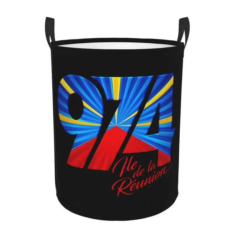 

Custom 974 Reunion Island Logo Print Laundry Basket Large Foldable Laundry Hamper Waterproof Oxford Clothes Storage Bucket