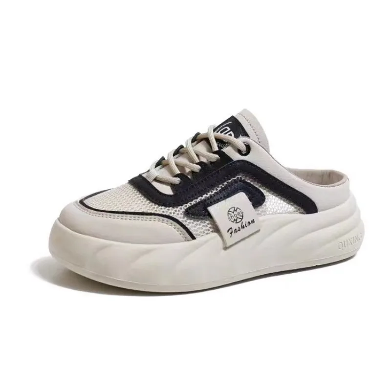 Trendy Platform Half Sneakers for Women, Mesh Breathable Color Block Lace Up Wavy Thick Sole Backless Slip On Summer Daily Shoes