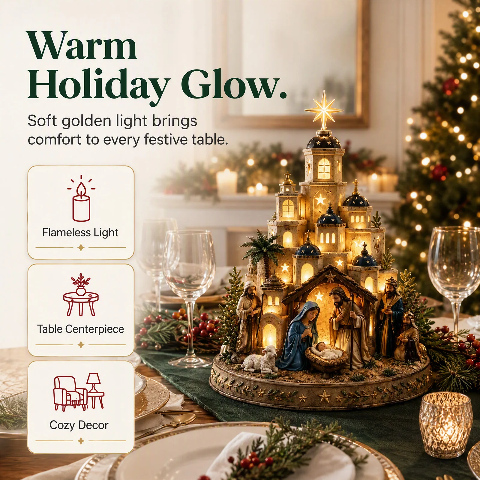 Christmas Centerpiece Statue, Lighted Village Ornament with Red Berry Decor, LED Faux Candle Festive Holiday Table Decoration