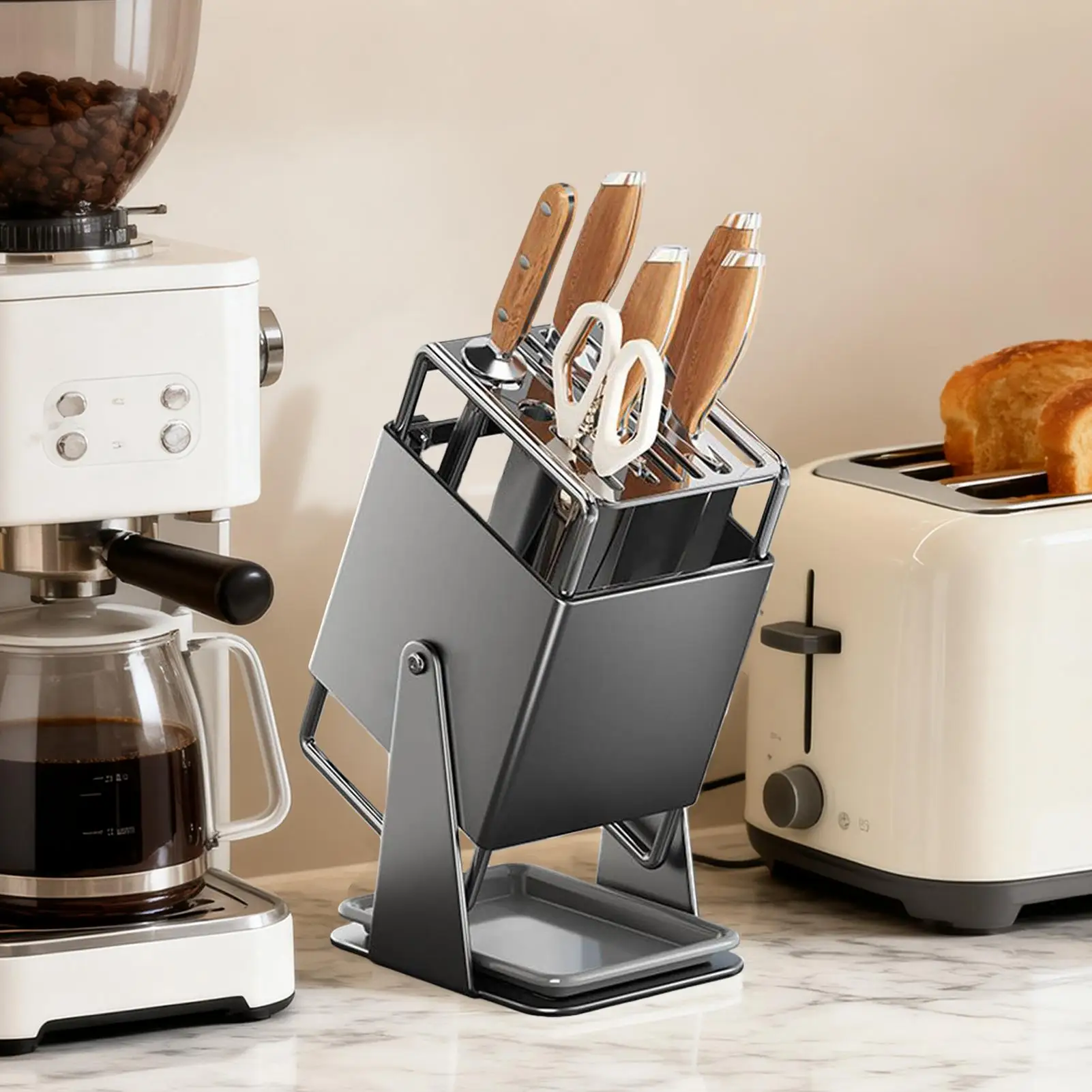 

Kitchen Cutter Block 9-Slot Organizer With Drain Tray 30-Degree Rotating Cutter Storage Block For Kitchen Counter Restaurant