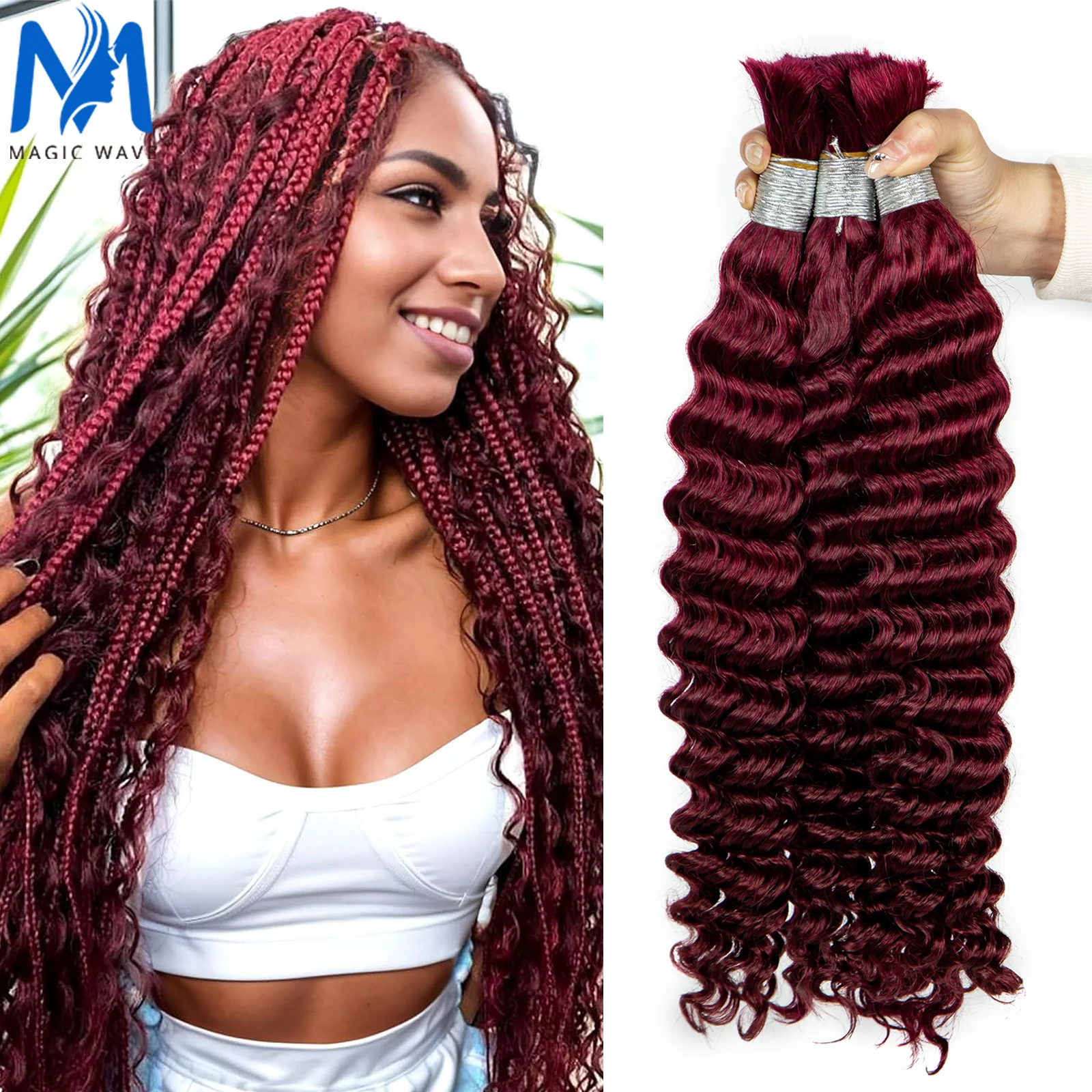 Colored Human Hair Bulk Deep Wave Human Hair for Braiding 100% Unprocessed No Weft Deep Curly Vingin Hair Bulk Extensions