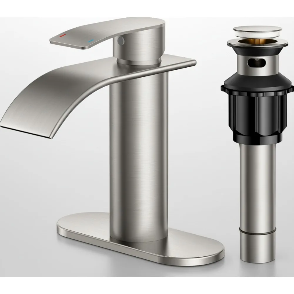 

Waterfall Bathroom Faucet Brushed Nickel Single Handle 1 Hole Sink with Drain, Anti-Splash Modern Design for Vanity Basin DIY