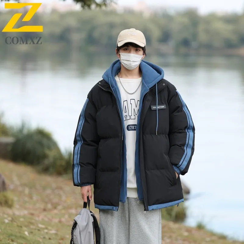 COMXZ 2025 New High Quality Fleece Lined Thick Hooded Cotton Jacket Two Piece Style Winter Coat for Men lightweight windbreaker
