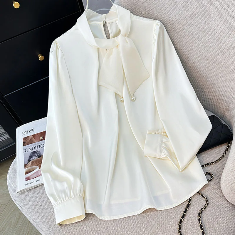

Women Blouse Shirt Fashion Elegant Long Sleeve Stand Collar Bow Blouse Shirt Women Tops Blouses Shirts Blusas Camisas 2025 Q503