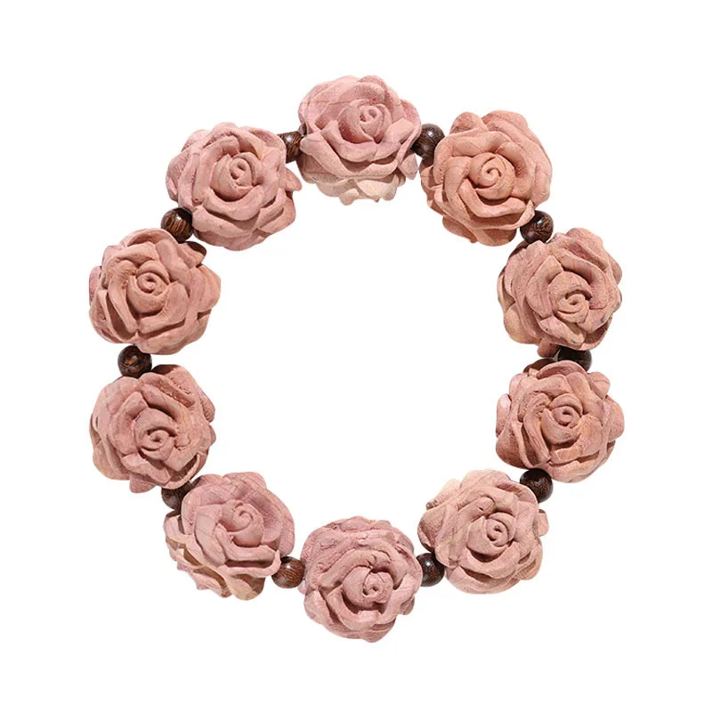 Exquisitely Carved Cedar Wood Three Sided Rose Bracelet Unisex Single Loop Wooden Cultural Play Mala Bead Jewelry