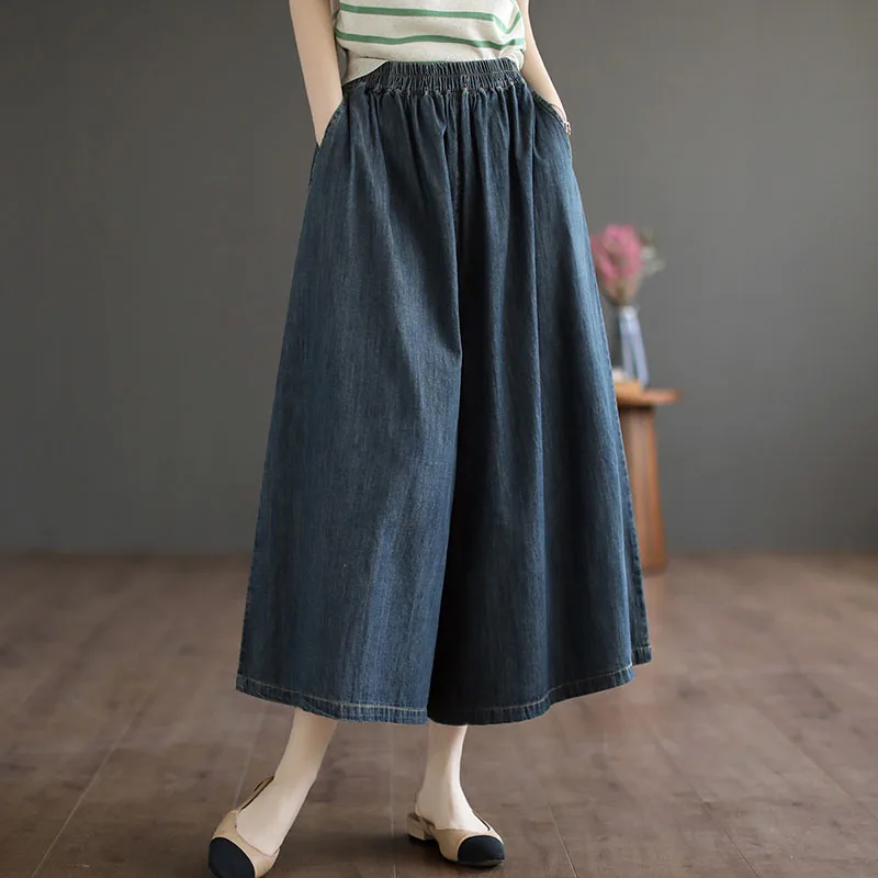 Vintage Elastic Waist Loose Women Wide Leg Jeans Spring Autumn Casual Versatile Solid Pockets Streetwear Straight Denim Pants