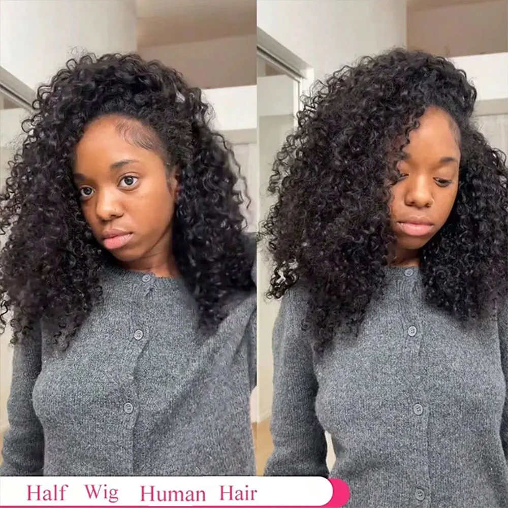 제리 컬리 하프 가발 인모 심리스 킹키 컬리 3 in 1 하프 가발 글루리스 헤어밴드 클립인 가발 노쏘잉 블랙 컬러