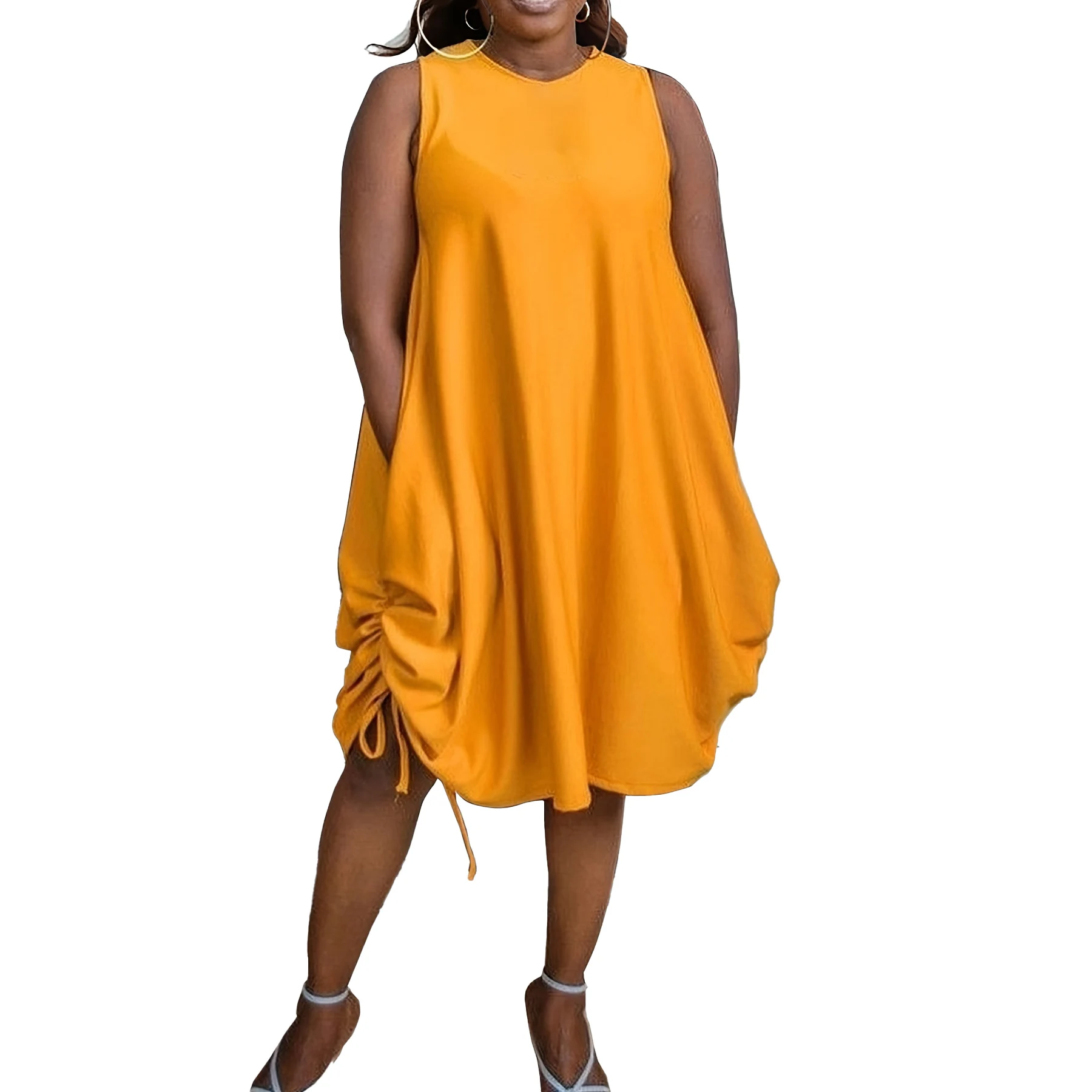 

Plus Size Women's Sleeveless Dress Summer Loose Drawstring Design Slimming Mid-Length A-Line Silhouette Dress