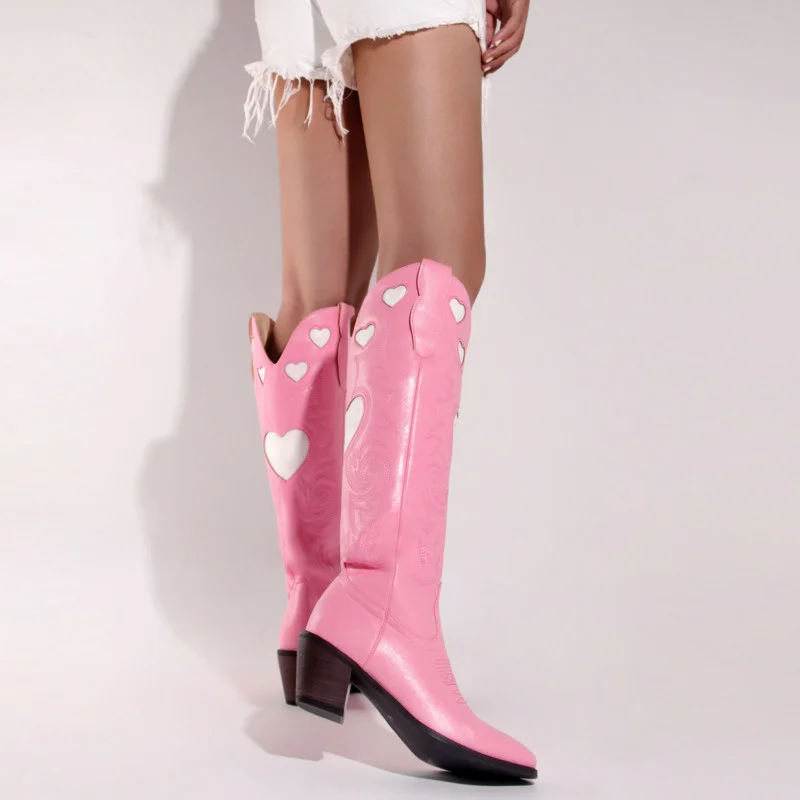 Fashion Pink Cowgirl Boots For Women Love Heart Western Cowboy Boots Pointed Toe Slip-On Chunky Heels Female Knee High Boots