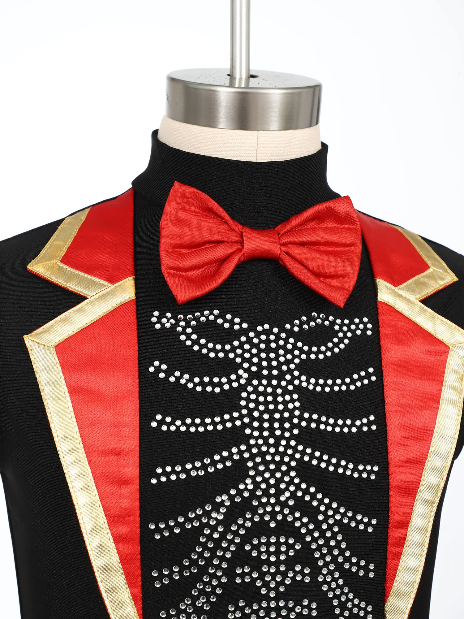 Girls Circus Ringmaster Cosplay Themed Party Costume Shiny Rhinestones Adorned Pattern Jumpsuit Bow Tie Puffy Mesh Overlay